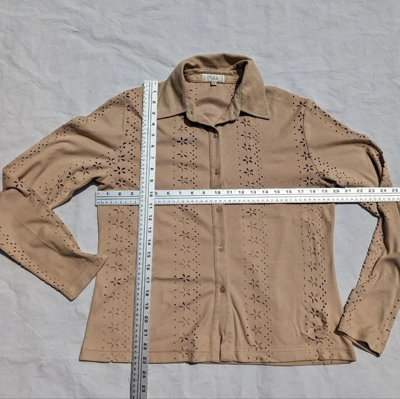 Vintage Puli Tan Button Down Floral Cut Out Blouse Velour  Style Large Festival - Picture 3 of 8
